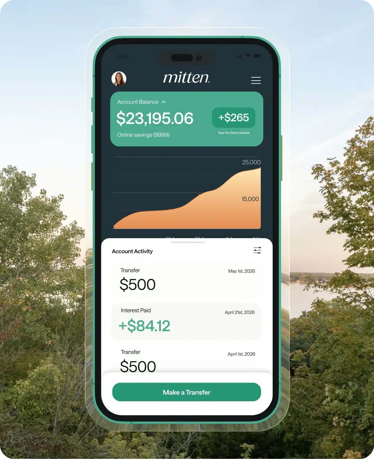 A smartphone displaying a banking app with a $23,195.06 balance, account activity, and financial growth graph, shown against an outdoor background with trees and sky.