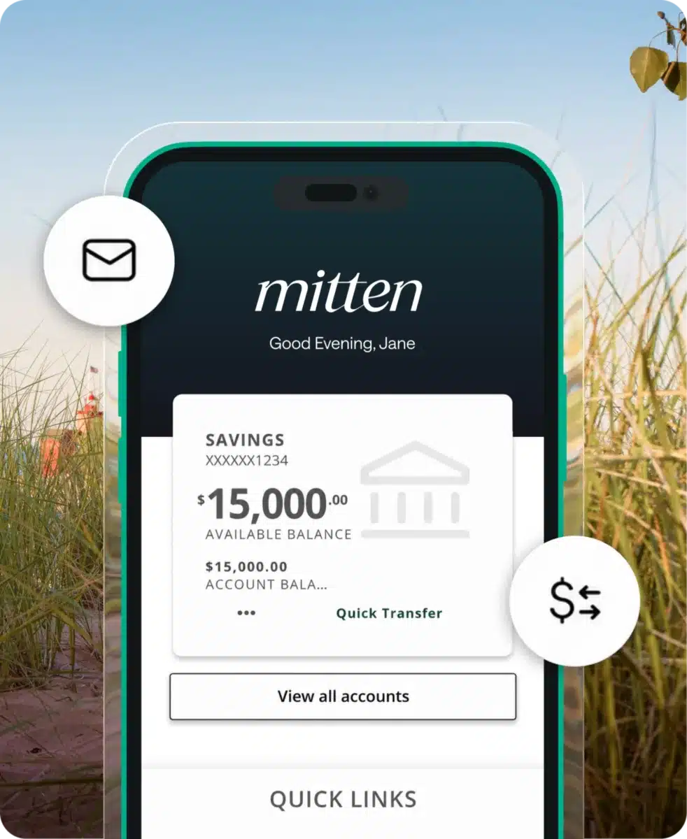 A smartphone screen shows a banking app with a $15,000 savings balance. Email and transfer icons are overlaid; grass is in the background.