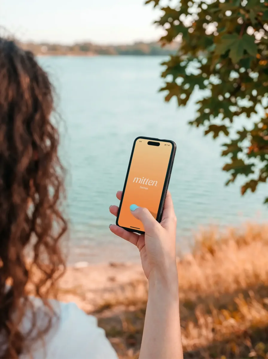 Woman with curly hair holds a phone near a lake, using the mitten dating app to chat about savings rate, framed by trees and sparkling water in the background.